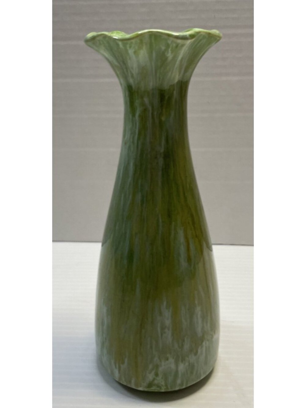 Royal Haeger USA 8.25" Pottery Vase Drip Glaze Greens Tans Ruffle Top MCM - EUC